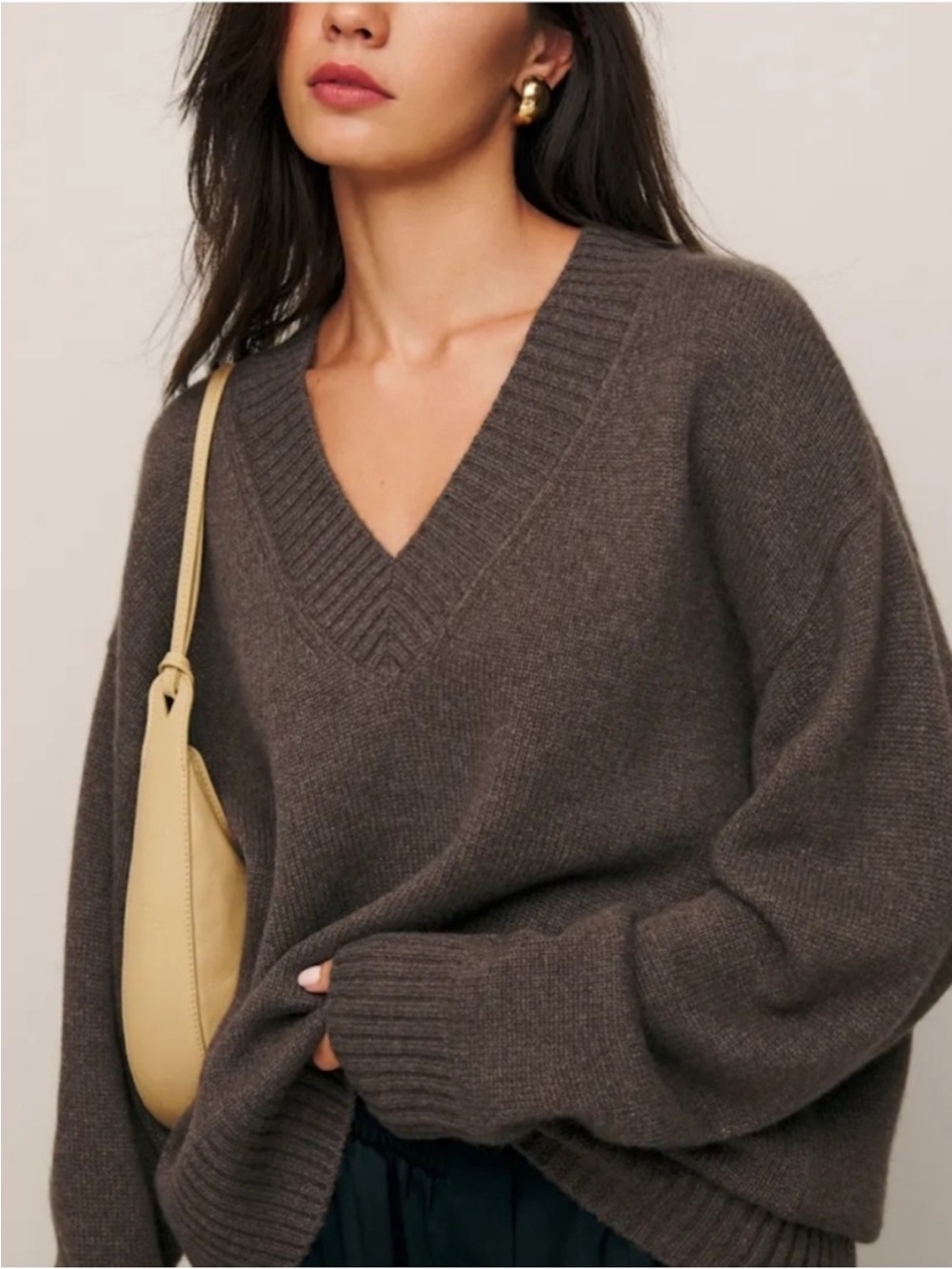 Reformation Jadey 100% Cashmere V-Neck Oversized Sweater in Brown Size S